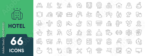 Hotel, Motel, and Hostel line icon set. Includes 66 outline icons related to accommodation, travel stay, booking, service, and hospitality. Linear icon collection. Editable stroke.