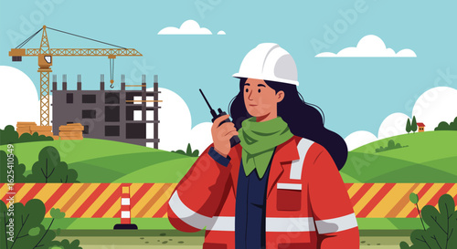 Female Construction Worker with Radio at Building Site