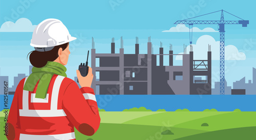 Female Construction Worker with Radio at Building Site