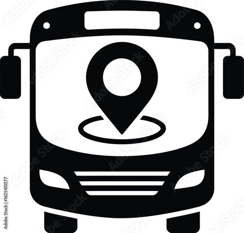 Front view of a black bus silhouette with a prominent location pin icon on its windshield signifying travel and navigation
