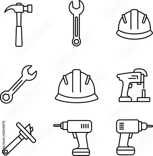 A set of nine black and white line art icons featuring construction tools and safety gear.
