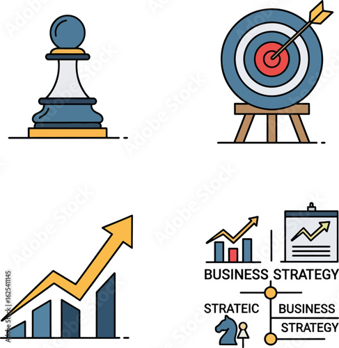 A collection of business strategy icons showing a chess pawn, a target with an arrow, a growth chart, and a strategic plan.