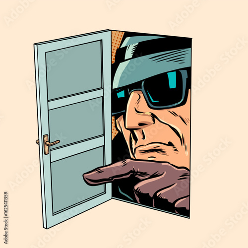 A detective peers through an open door. Government identity theft. The dangers of privacy protection against the government.