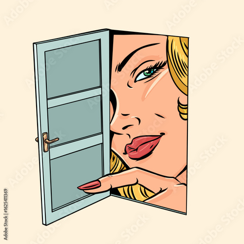 A woman looks through an open door. Announcing a new offer for buyers. Surveillance of personal data on the Internet.