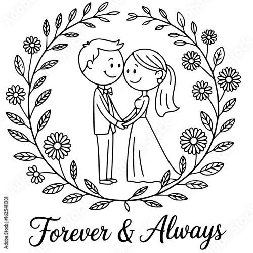 Eternal Vows: A tender depiction of a couple's lifelong commitment, framed within a floral wreath symbolizing everlasting love and unity, ideal for expressing wedding sentiments.