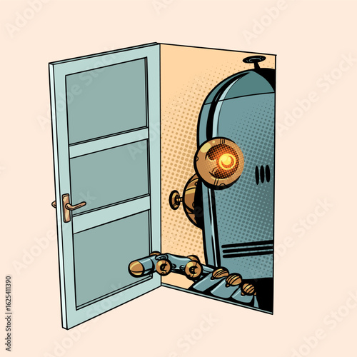 A robot looks through an open door. AI invasion of personal data. Conflict between artificial intelligence and humanity.