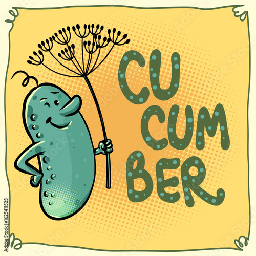 Cucumber with the inscription cucumber. Snacks for a bar and restaurant. Logo with a cucumber mascot.