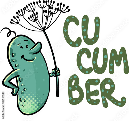Cucumber with the inscription cucumber. Snacks for a bar and restaurant. Logo with a cucumber mascot.