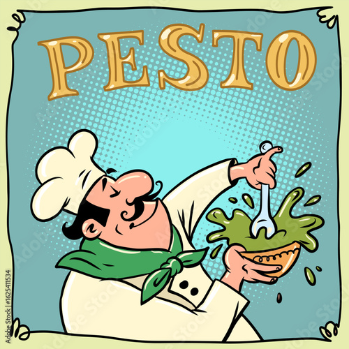 Chef making pesto. Logo of an Italian chef, preparing a traditional dish. Sauce for pizza and pasta.