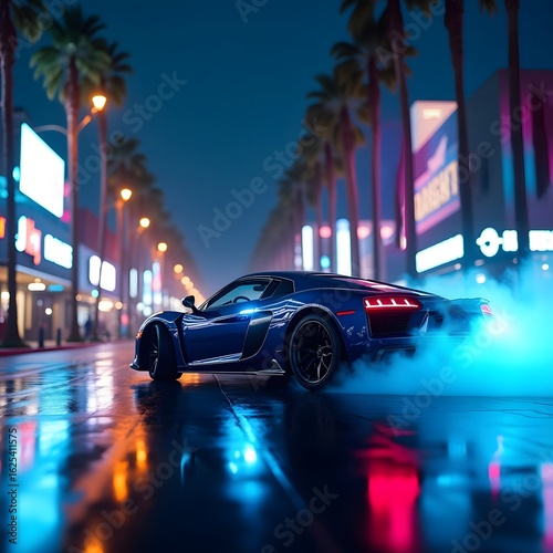 Sleek Sports Car  Neon-Lit City Night