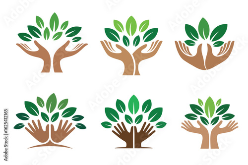  Hands Holding Tree with Green Leaves Vector
