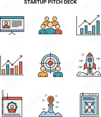 A collection of colorful line icons illustrating key elements of a startup pitch deck presentation.