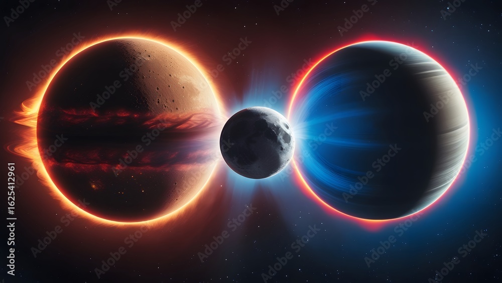 Fototapeta premium Sci-Fi Cosmic Scene: Moon Suspended Between Glowing Red and Blue Planets 