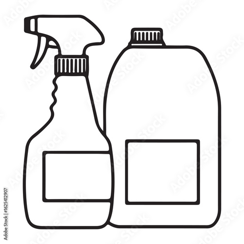 Outline Illustration of Cleaning Supplies: Spray Bottle and Jug with Labels, for Cleaning, Disinfection, and Household Chores