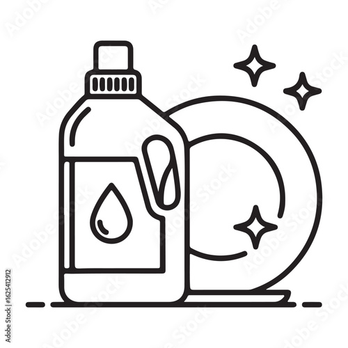 Clean Dishware with Soap Illustration A bottle of dish soap next to a clean plate graphic design