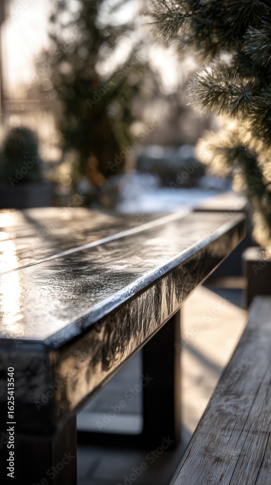 Fototapeta premium Outdoor Table With Polished Surface On Patio In Winter