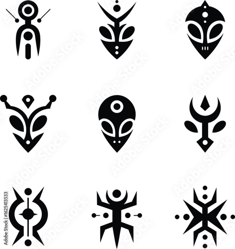 Set of Abstract Tribal or Alien Mask Symbols.

Collection of Symmetrical Futuristic Face Icons.

Ethnic and Sci-Fi Vector Logo Elements.