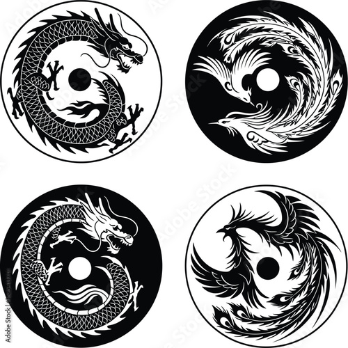 Dragon and Phoenix in a Yin Yang Symbol.

Chinese Mythology Circle with Dragon and Phoenix.

Vector Tattoo Design of Balance and Harmony.