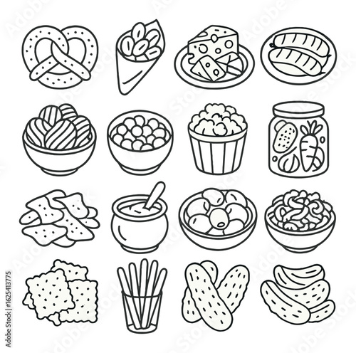 Assorted snack icons: pretzels, cheese, crackers, nuts, and pickles in monochrome design