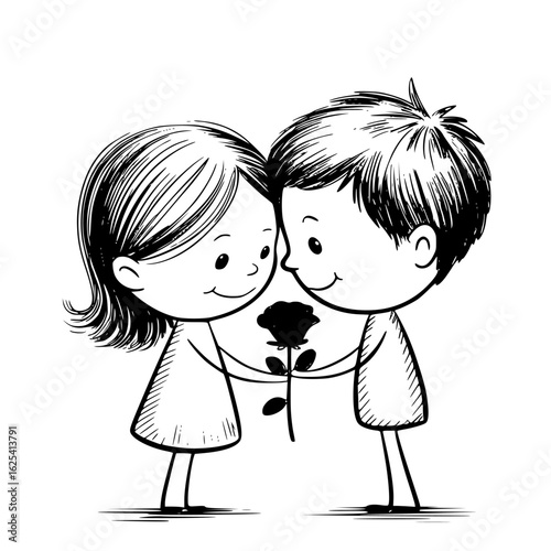 Sweet Serenade: A tender exchange of affection, an illustration capturing a moment of innocent love between two cherubic figures.