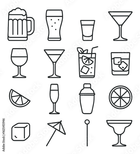 Outline icons of beer, cocktails, and drink accessories on dark background