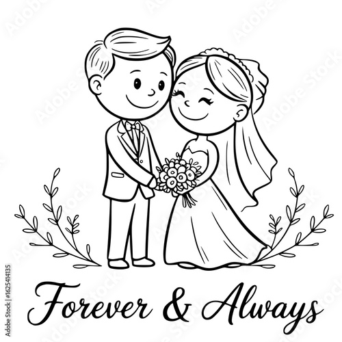 Eternal Vows: An adorable illustration of a bride and groom, hand-in-hand, standing as they celebrate their special day and embarking on their journey of togetherness