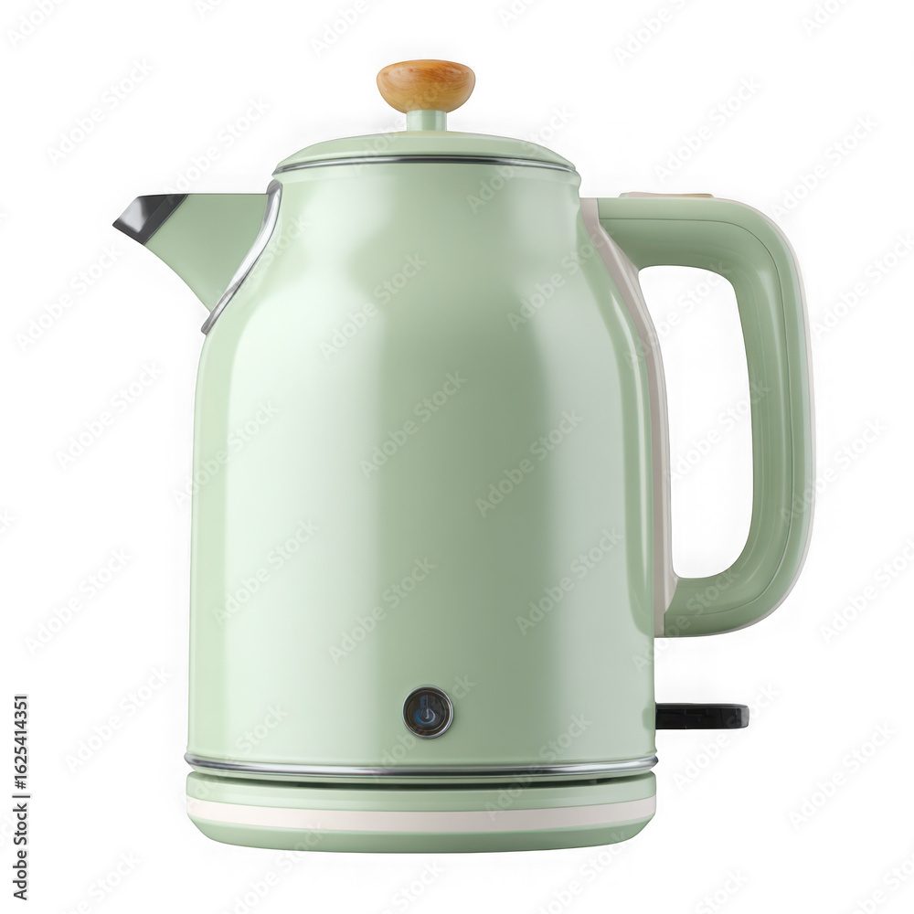 Obraz premium Retro style light green electric kettle with wooden handle and knob isolated on transparent background