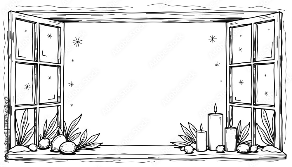 Fototapeta premium Abstract winter frame with candles in windows – Cute coloring design for kids