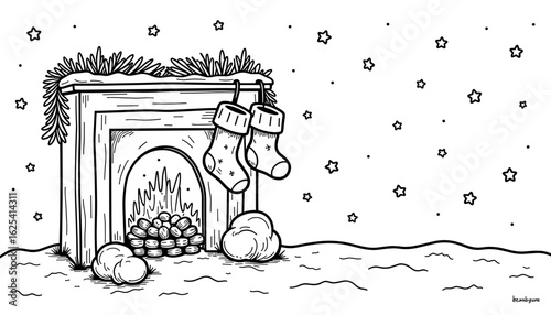 Abstract winter frame with fireplace and wool socks – Cute coloring design for kids