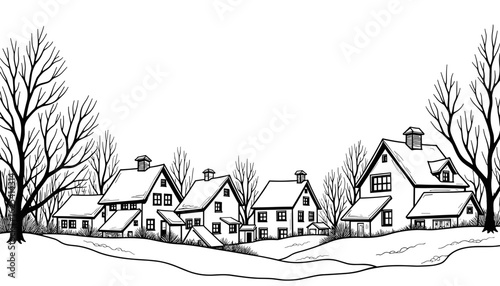 Abstract winter frame with snowy rooftops and chimneys – Cute coloring design for kids