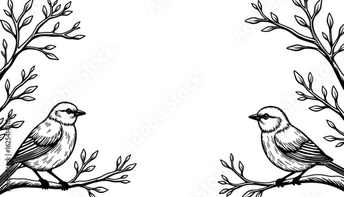 Abstract winter frame with robins on snowy branches – cute coloring design for kids