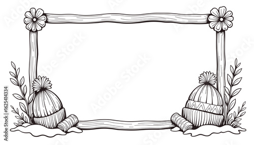 Abstract winter frame with woolen hats and candy canes, coloring design for kids