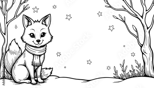 Fox in scarf with snowflakes – Winter coloring book design for kids
