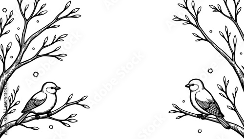 Abstract winter frame with birds on branches – Cute coloring book design for kids