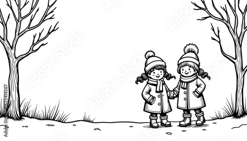 Cheerful kids in winter coats – Winter coloring book design, black and white
