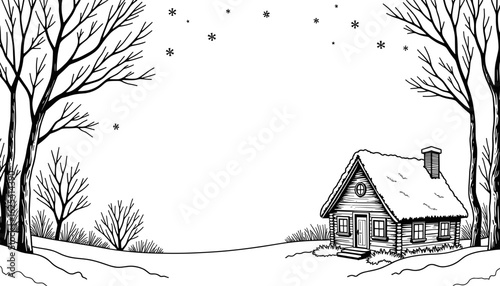 Winter coloring page of cabin with snowfall and trees – kids' activity illustration