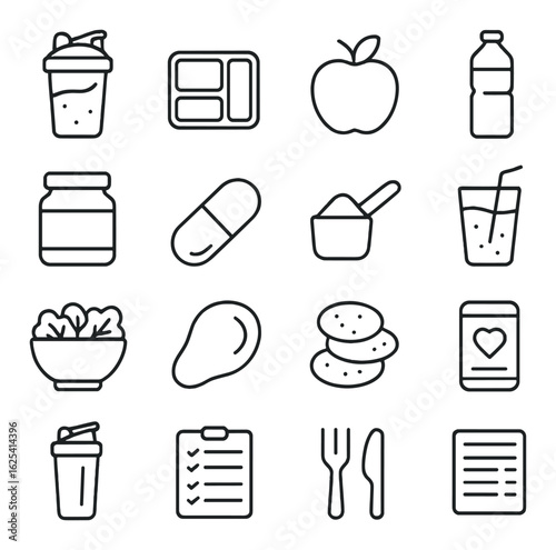 Food and nutrition linear icon set: smoothie, meal, apple, water bottle, protein, juice, salad, meat, snack, recipe
