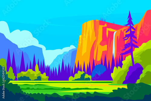 Colorful vector landscape of Yosemite valley with vibrant cliffs, pine forest, and waterfall in stylized flat illustration
