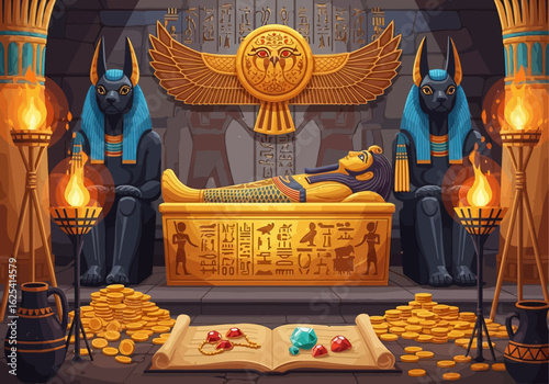 Discover ancient Egyptian tomb treasures with a pharaoh's sarcophagus, Anubis guardians, scattered gold coins, and mystical hieroglyphs illuminating a hidden chamber