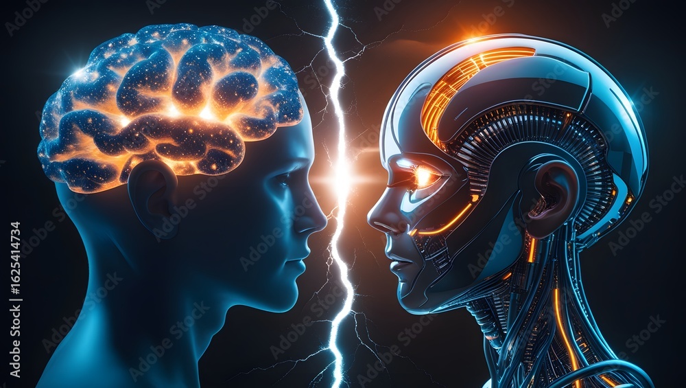 Obraz premium Digital Divide: Hyper-Realistic Concept of Human Mind vs. AI Brain in Cinematic Light 