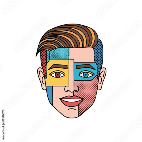 (Pop Art Man Abstract Geometric Face. Vivid illustration of a male visage in fragmented shapes, vibrant hues, and halftone textures. Represents duality, unique identity, or diverse perspectives.)