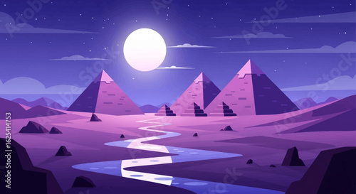 Mystical desert landscape unfolds with ancient pyramids illuminated by a giant full moon and winding river under a starry night sky