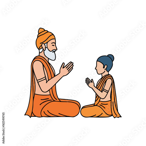 Guru and Disciple Learning Session. Vector illustration showing a revered mentor instructing a young pupil. Symbolizes the timeless transmission of wisdom, spiritual guidance, and profound knowledge.