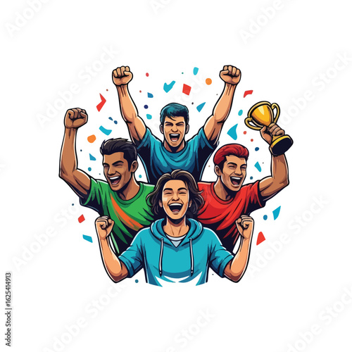 (Joyful Diverse Team Triumph. An exultant group celebrates their achievement with a shining golden award amidst colorful falling sprinkles. This conveys collective success.)