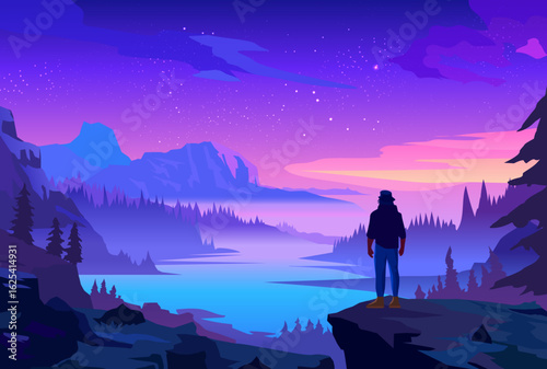 Majestic night landscape with person overlooking lake and mountains under starry sky at twilight in vector illustration
