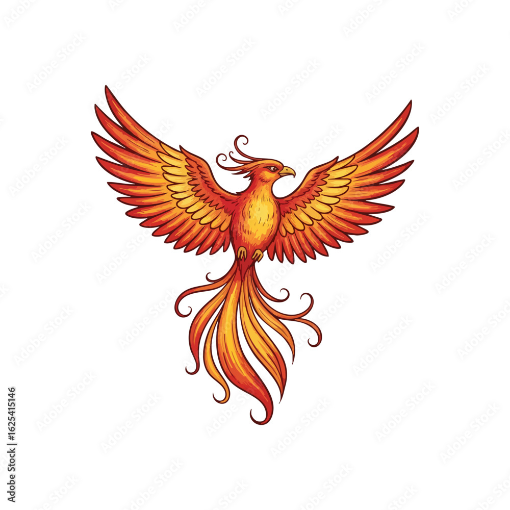 Obraz premium (Fiery Phoenix Mythical Bird Emblem. A vibrant illustration of the legendary creature. Its bright plumage and outstretched wings signify strength, renewal, and endless resilience.)