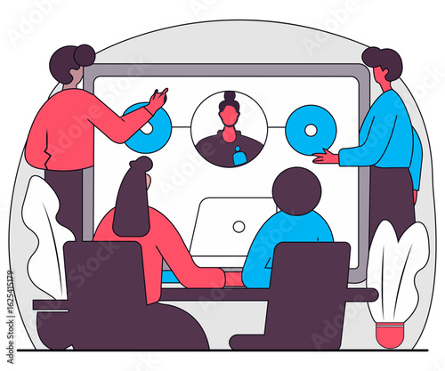 Minimal Flat Design of Employees Using Collaborative Tools on a Large Touchscreen Wall with Remote Teammates Joining Virtually in a Futuristic Office Environment