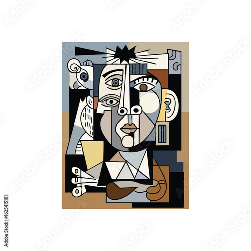(Cubist Style Abstract Portrait. Captivating artwork of a fragmented human visage formed by geometric shapes. Muted earth tones and cool blues define this avant-garde, thought-provoking composition.)