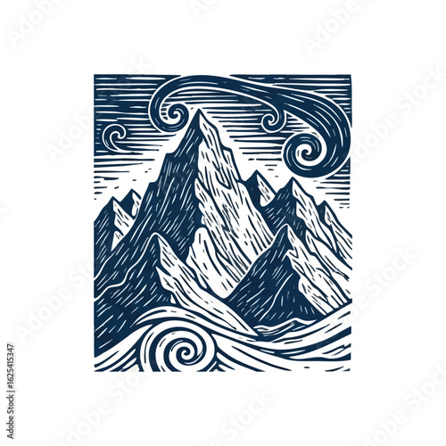 (Mountain Peaks and Swirling Nature Art. Captivating stylized illustration showcasing majestic highlands amidst dynamic currents and winds. Represents the enduring power and serene beauty of outdoor.)