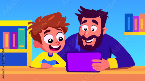 Happy father and son using tablet together in colorful cartoon style at home with bookshelves in the background
